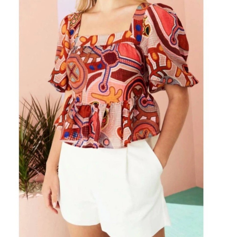 Marie Oliver Kaylee Top Coral Orange Red Puff Sleeve Blouse Crop